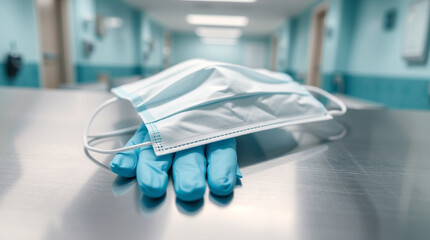 A medical facemask and gloves on a clean surface in a hospital setting