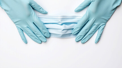 A medical facemask and gloves on a clean surface in a hospital setting
