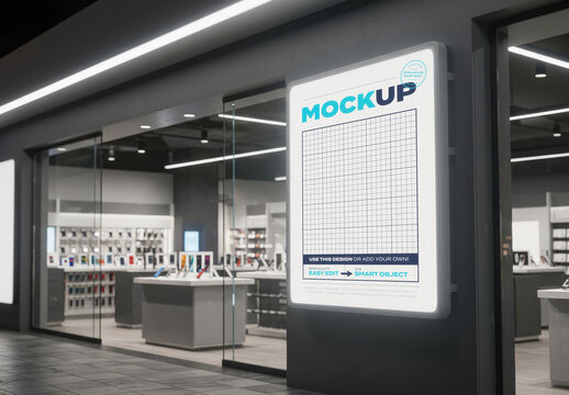 Vertical Backlight Billboard Sign Outside Tech Store Mockup