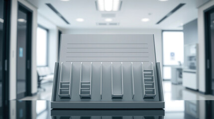 A medical chart holder with empty slots in a doctor's office