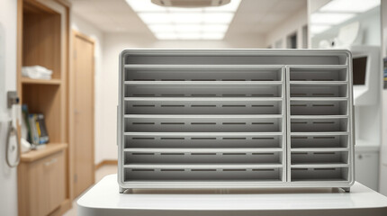 A medical chart holder with empty slots in a doctor's office
