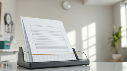A medical chart holder with empty slots in a doctor's office