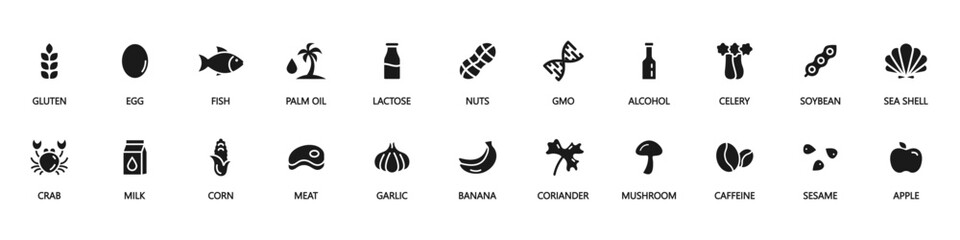 Set allergen free icons. Allergen free products. Products warning symbols. Lactose, gluten, sugar, corn, egg, trans fat, soy, nuts free, caffeine sign.