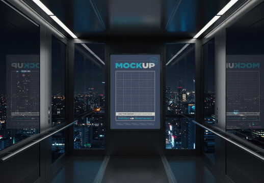Vertical Frame Poster Mockup Inside Glass Modern Elevator Night City View