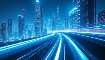Fototapeta premium a futuristic cityscape at night with a highway running through it.