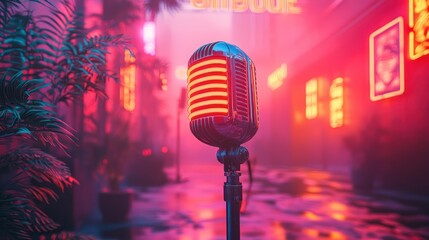 Retro microphone, neon city street, night, music, album cover art