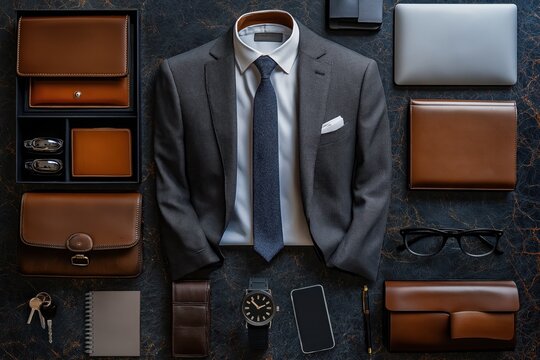 Essentials of a modern businessman meticulously arranged for sophistication and productivity