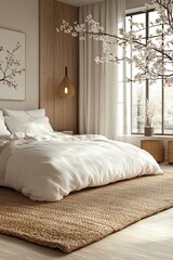 Japanese minimalist bedroom with white flowers