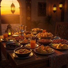Naklejka premium Ramadan kareem iftar time foods with family dates fry foods
