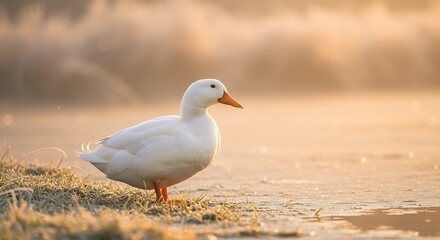 Obraz premium White Duck Covered in Frost on Icy Water at Sunrise 