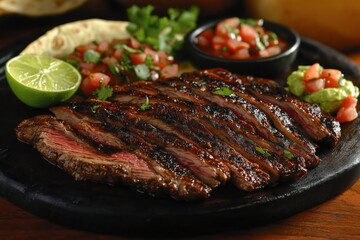 Sizzling carne asada with vibrant sides, a classic Mexican taqueria dish