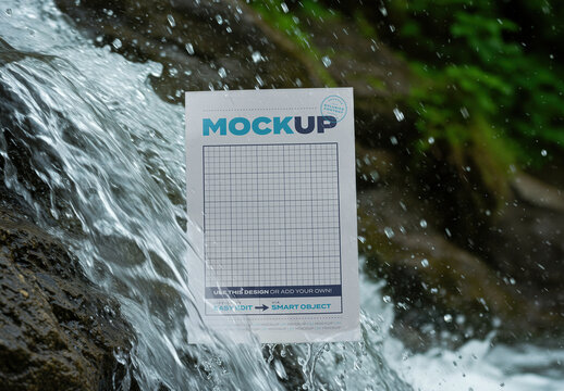 Vertical Page Poster Mockup Wet on Waterfall and Rocks