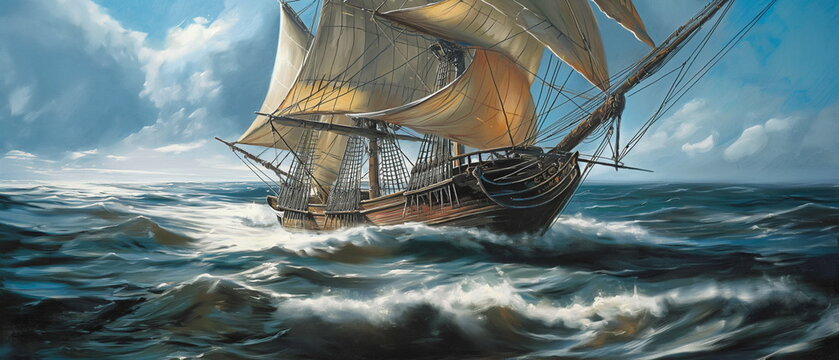A two-masted brig with stretched sails is moving a_011
