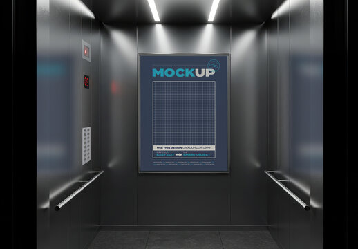 Vertical Poster Inside Metallic Elevator Mockup