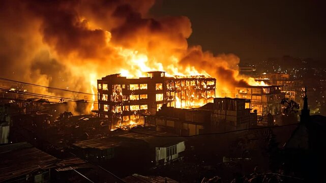 Inferno Engulfs Building, A Devastating Nighttime Blaze Visual