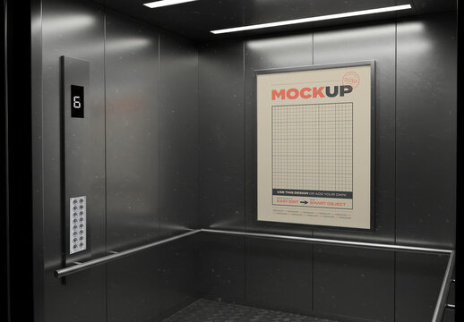 Vertical Poster Inside Metallic Elevator Scene Mockup