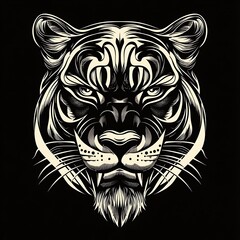 Tiger Head Graphic Design, Intricate Lines, Powerful Gaze, Print Design, Black Background