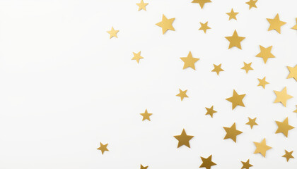 Fototapeta premium Golden stars scattered on white background, elegance and celebration