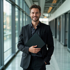 Smart business leader in black suit standing in office corridor with a laptop.