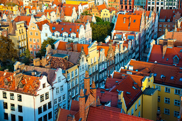 Aerial panoramic view of the Historical Old City of Gdansk. Red rooftops and colorful house