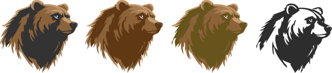 Obraz premium Set of logos of a stern bear head, images in brown and dark colors and silhouettes, vector.