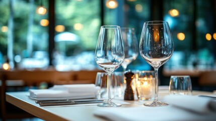 Fototapeta premium Elegant restaurant table setting with candles and glasses