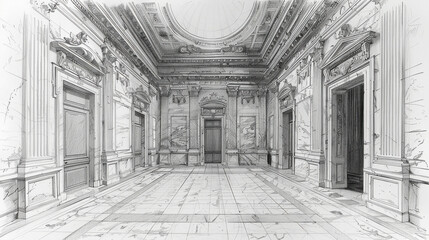 Architecture pencil black white sketch from a courtroom. Architecture concept