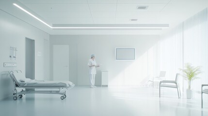 Hospital discharge with a nurse explaining recovery instructions to a patient in a bright, minimalist room. Featuring clarity and trust