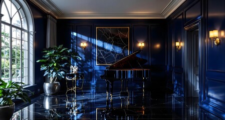 Elegant Music Room with Grand Piano, Dark Blue Walls, and Marble Floor