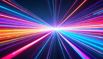 A laser beam of multicolored light radiating from a central point.