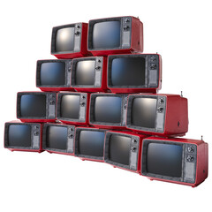 Stack of vintage red televisions on transparent background