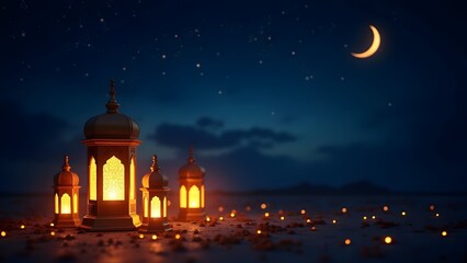 Glowing Ramadan night with a crescent moon and golden lanterns against a deep blue sky