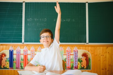 Portrait of little boy studying in classroom at school