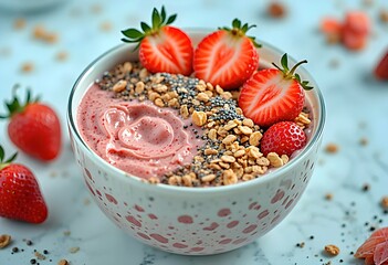 Close-up of a smoothie bowl garnished with granola, strawberry slices