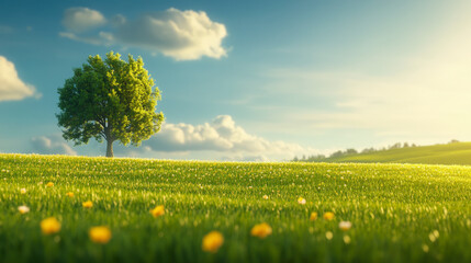 Fototapeta premium Serene landscape featuring a lush green field and singular tree under a clear sky, perfect for nature lovers and tranquility seekers.