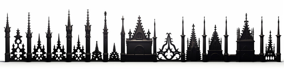 Set of black gothic-style fences with decorative elements, isolated on a white background