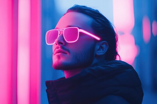 portrait of cyberpunk-inspired individual with led glasses and futuristic streetwear standing in neon-lit alley