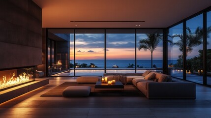 Elegant living room with a fireplace, panoramic windows, and an ocean view, designed in a modern style.

