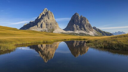Stunning Landscape Photograph of the Dolomites in Italy with Two Sharp Mountain Peaks Reflecting on Still Water, Surrounded by Golden Meadows and a Clear Blue Sky