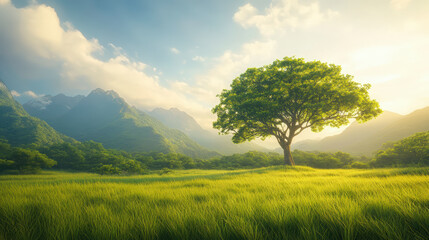 Serene landscape with lush green field, majestic tree, and mountains under a bright sky, promoting peaceful outdoor retreats.