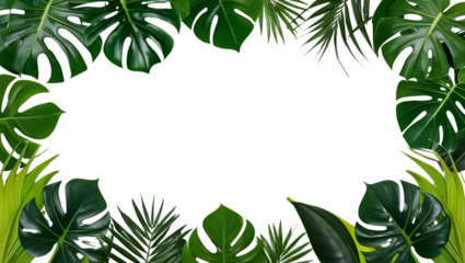Tropical green leaves frame isolated on black background, monstera, palm, and philodendron foliage border for design, natural exotic jungle plant decoration