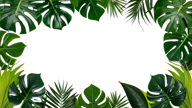Tropical green leaves frame isolated on black background, monstera, palm, and philodendron foliage border for design, natural exotic jungle plant decoration
