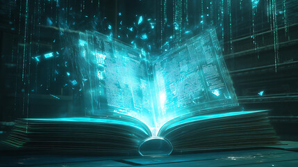 A high-tech animated book with an interactive holographic interface, displaying dynamic answers as a reader asks questions using voice recognition 