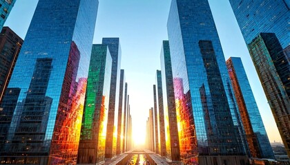 Obraz premium cityscape of modern skyscrapers and roads with cars in the distance at sunset.