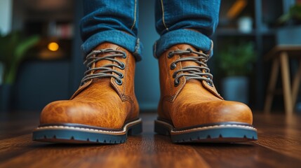 Brown work boots rest on a shiny wooden floor in a modern space