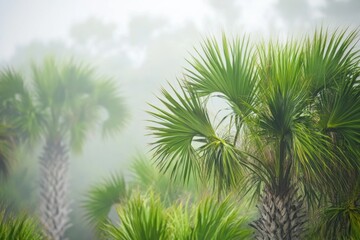 Fototapeta premium Palm Trees in Misty Fog: Tropical Landscape Photography for Backgrounds and Nature Themes