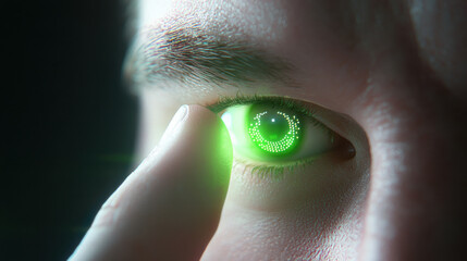 person touching glowing green digital eye interface