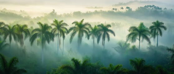Fototapeta premium Palm trees in misty tropical landscape with fog, serene nature scene for travel, relaxation, and outdoor themes in lush green environment