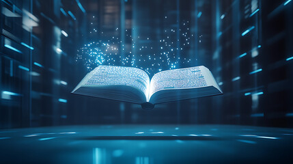 A futuristic animated scene of a sleek digital book hovering in mid-air, responding to a reader’s voice command with glowing AI-generated text and visuals 