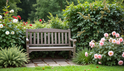 Serene garden bench surrounded by blooming rose bushes for gardening blogs, websites, invitation designs, nature-themed stationery, and outdoor event promotions